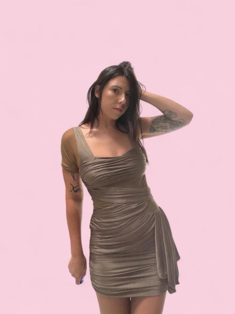 bebe Taupe Ruched Mini Dress with Draped Side